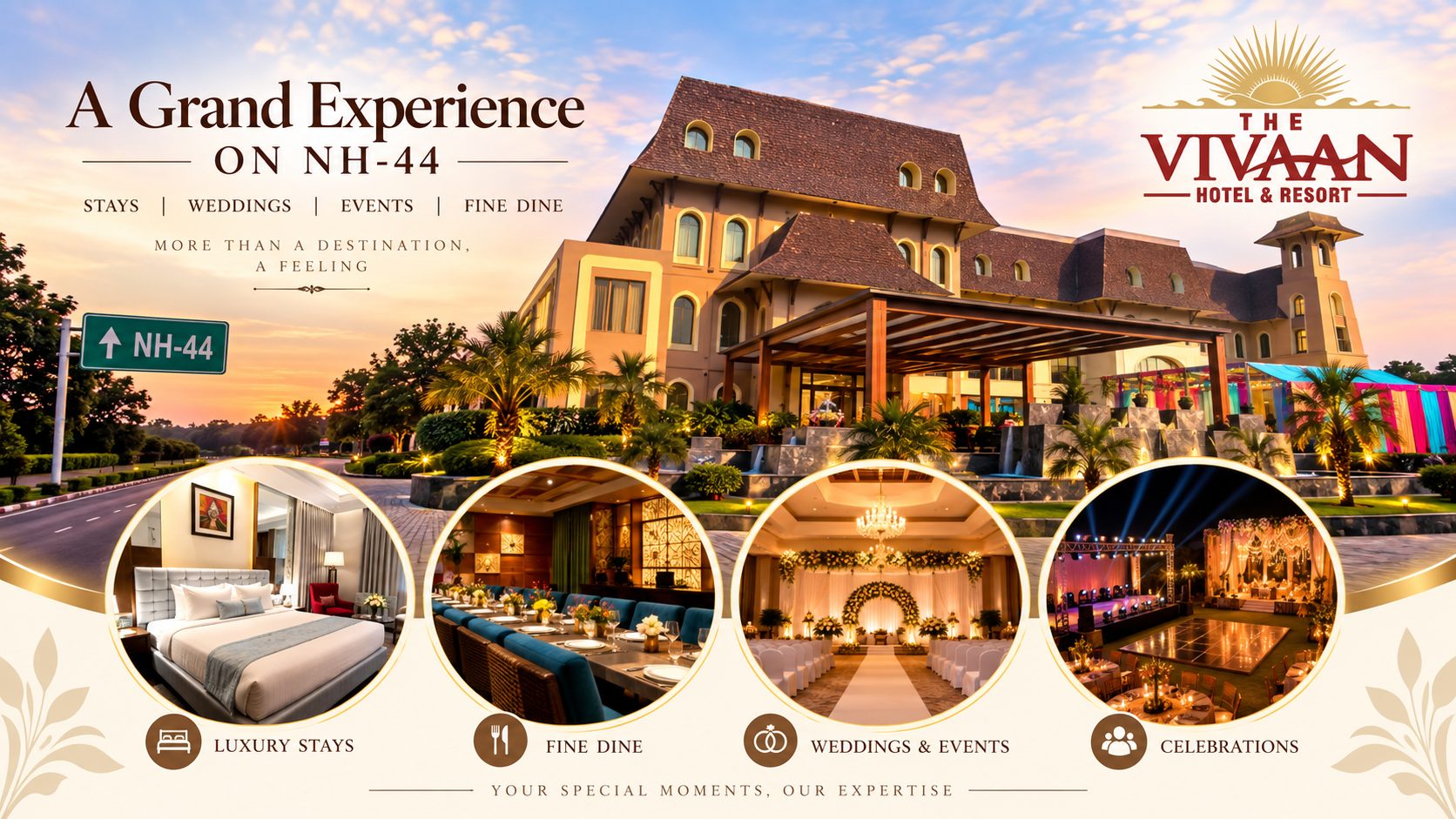 The Vivaan Hotel & Resorts, a luxury 5-star hotel in Karnal on NH-44, featuring rooms, restaurant, banquet hall, and swimming pool.