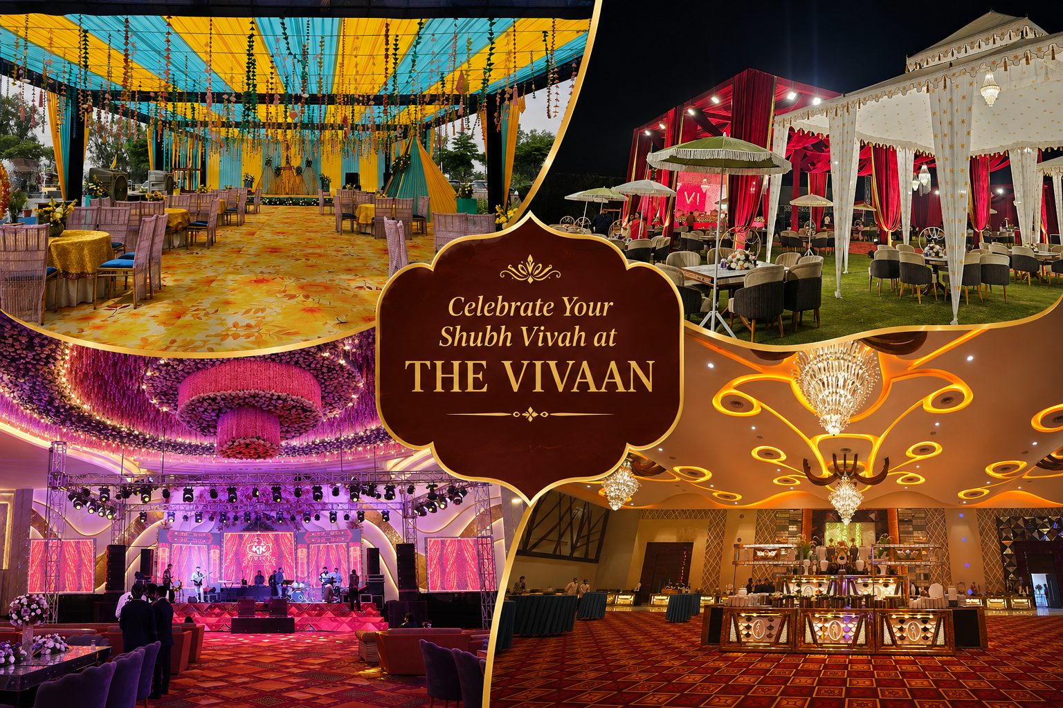 Traditional Hindu wedding mandap decorated for an auspicious vivah muhurat at The Vivaan Hotel & Resorts, Karnal