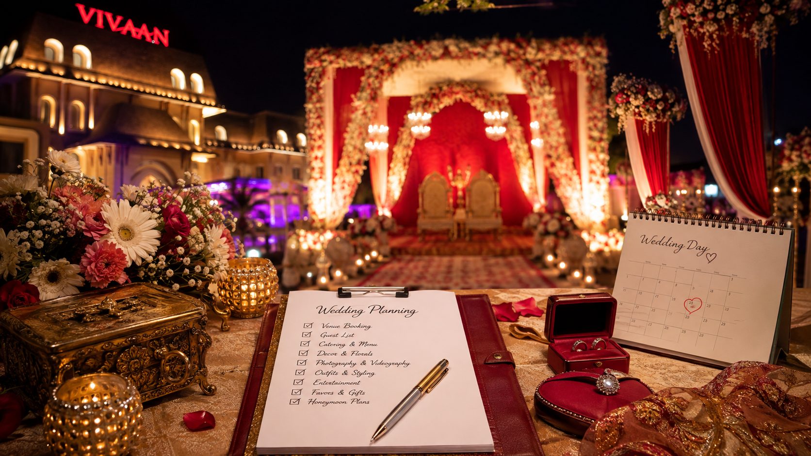 Elegant wedding mandap and floral décor set up for a destination wedding at The Vivaan Hotel & Resorts, Karnal